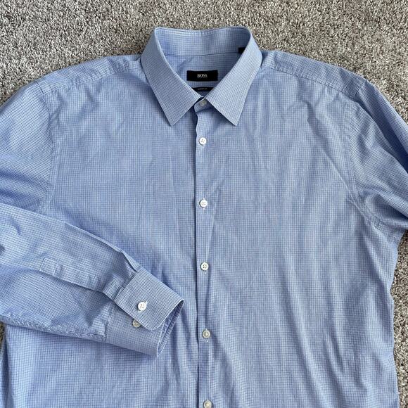BOSS Hugo Boss Men's 17 (36/37) Blue Sharp Fit Classic Plaid Button Down Shirt - Picture 1 of 15